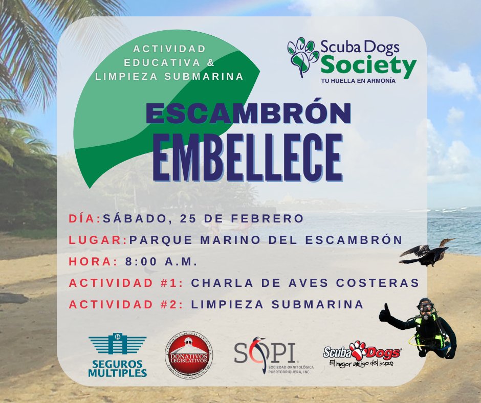 ¡Buscamos VOLUNTARIOS para Escambrón Embellece! El sábado, 25 de febrero tendremos una charla sobre las aves costeras junto con la Sociedad Ornitológica Puertorriqueña, Inc. en el Parque Marino del Escambrón a las 8:00 A.M. Regístrate aquí: bit.ly/3xJedaN