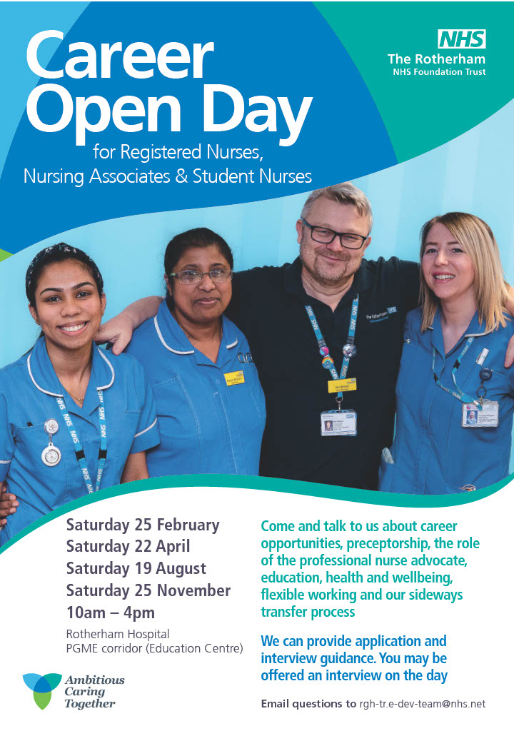 PlacementsTRFT's tweet photo. Come along to our first open day of the year on Saturday. It will be a fantastic opportunity to meet staff, ask questions, and see what a fabulous trust we are to work for. @SHUChildNursing @ShuAdultNursing @UoSSNM https://t.co/2SuZJ4DTxe