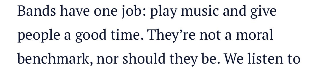 In her article <a href="/cherielee87/">Cherie Gilmour</a> confuses Bands with Jukeboxes. “Don’t you dare have an opinion or moral accountability, just play the music so I can clap my hands” smh.com.au/culture/music/…