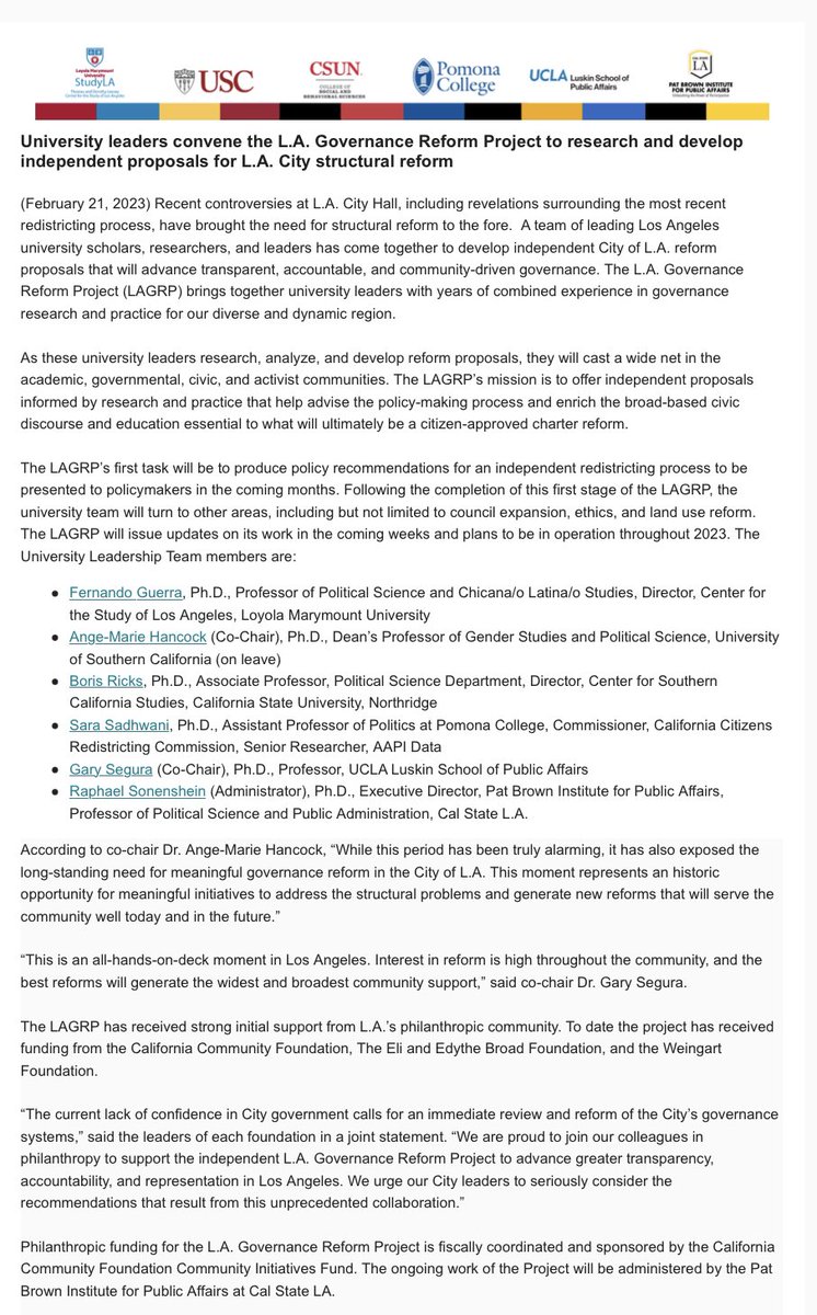 Let’s transform City Hall. Excited to join an all star, multi-university group of leaders to develop independent proposals for LA City structural reform