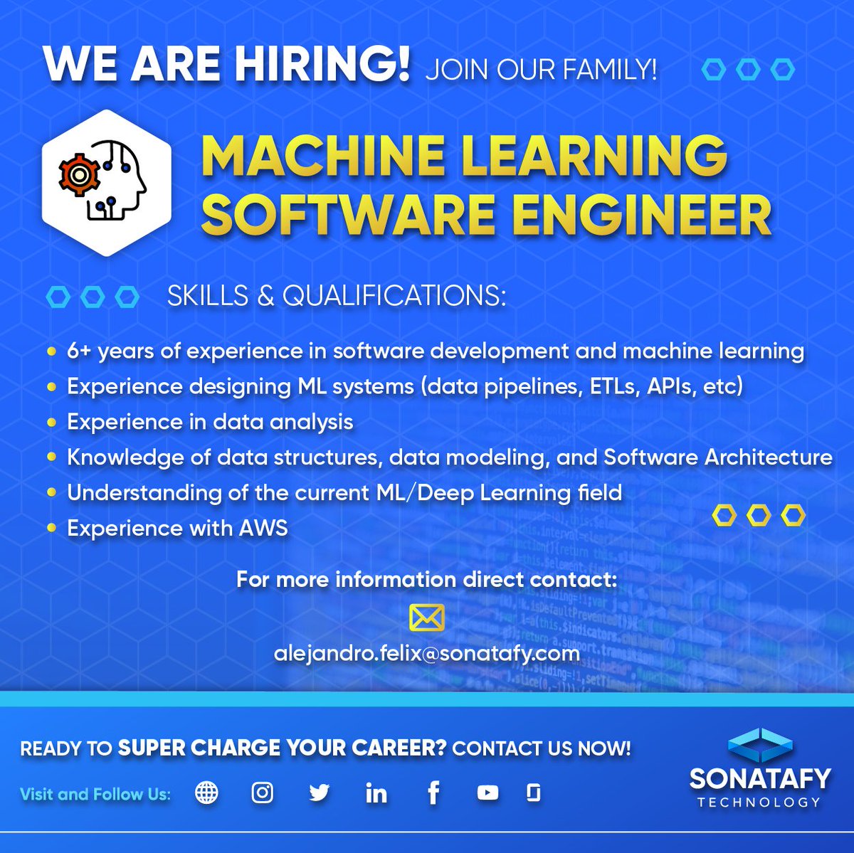 sonatafy's tweet image. Come join the #Sonatafy family and do great things. If you are a Machine Learning Software Engineer, check the link for more information and apply: hubs.la/Q01D1pwY0
#machinelearningengineer #sonatafynexxus #sonatafytechnology #openposition #hiring #remotework #homeoffice