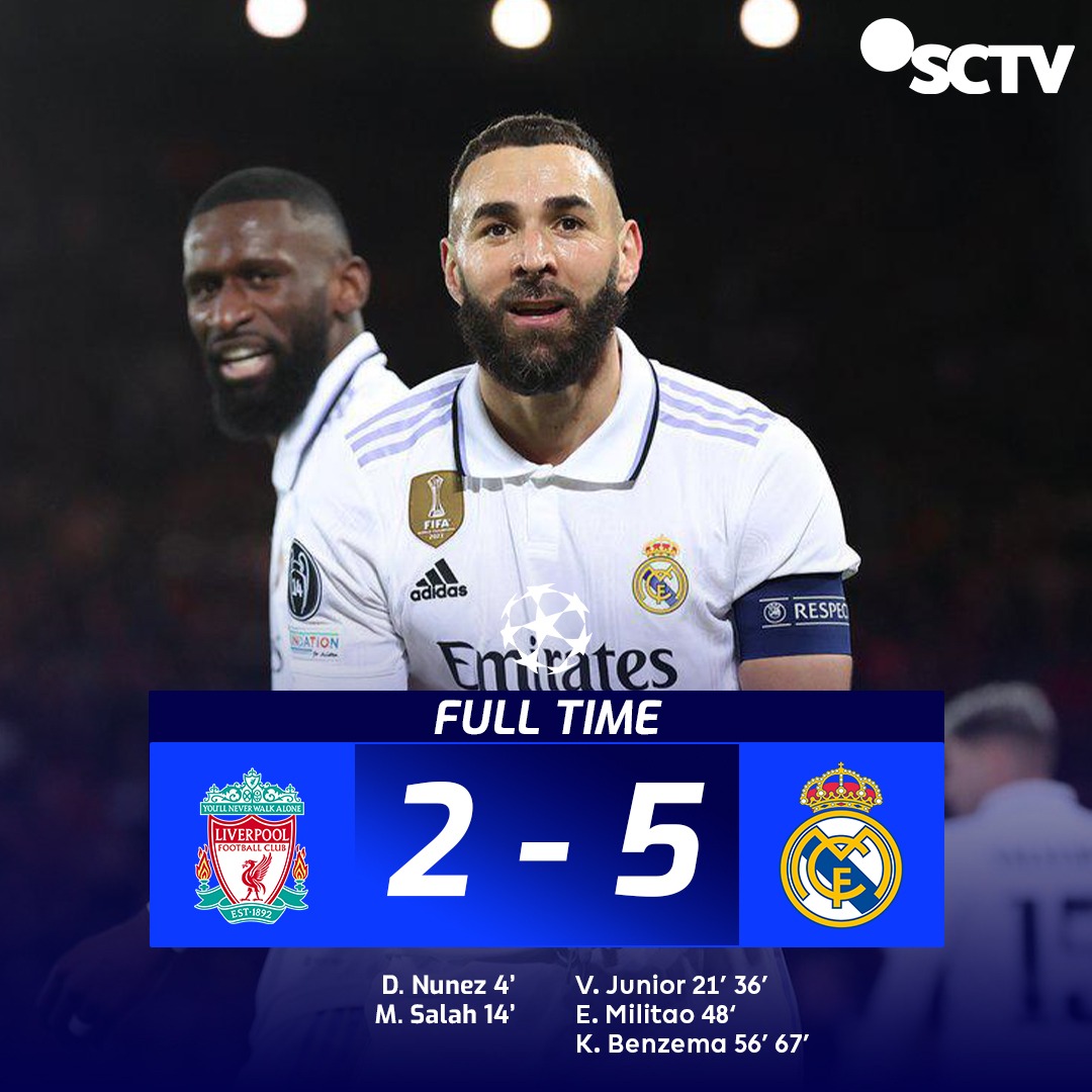 SCTV's tweet photo. Sempat tertinggal 2-0 dari tuan rumah Liverpool, Real Madrid bisa membalikkan keadaan hingga skor akhir 2-5.
Vinicius serta Wak Haji Benzema catatkan brace untuk comeback atas Liverpool kali ini. Game over Liverpool?
#Liverpool #RealMadrid #ChampionsLeague #UCLSCTV #SCTVSports https://t.co/D7Klc7o1f7