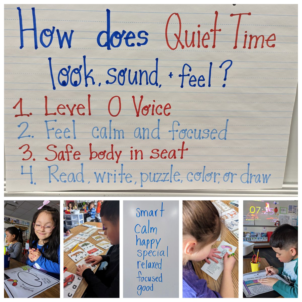 I tried something new, because we ALL can benefit from a quiet minute! (or 10 😜) This has helped my class regroup and be ready to learn after recess. Check out the word list they made when asked, "How did this time make you feel?" #choice #quiettime  #responsiveclassroom #gowo