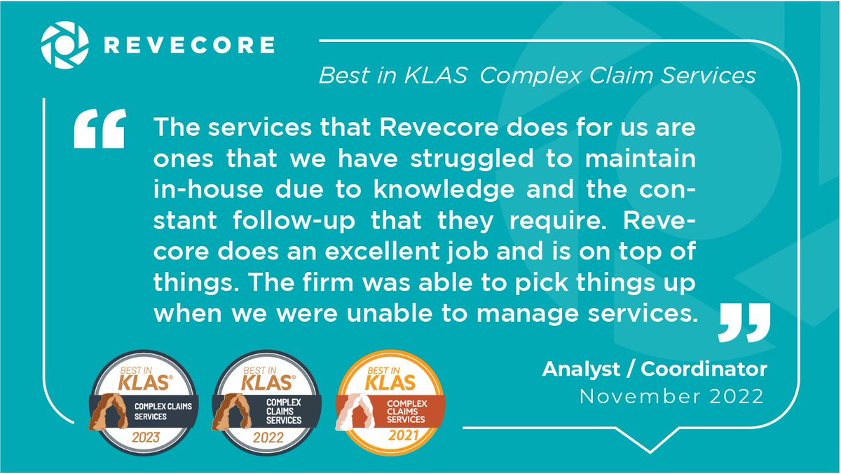 RevecoreRCM's tweet photo. Revecore has been voted #BestInKLAS 2023 in customer experience for Complex Claims Services and Underpayment Recovery solutions. We’re proud that our clients are making a difference in the world of healthcare.

Read the full press release 👉 https://t.co/lVDvUyWPhn https://t.co/lfNTy8i6vF
