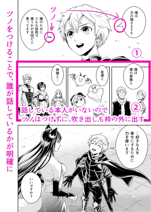 コミカライズの魅力を伝える⑥
「吹き出しにはツノをつける」

読者は絵よりも先にセリフを見るので吹き出しは重要です。一番大事なのは「誰が話しているかを明確にすること」。

「吹き出しのツノをつけて、話しているキャラに向ける」だけでそれが明確になります。コマ①(1/3) 