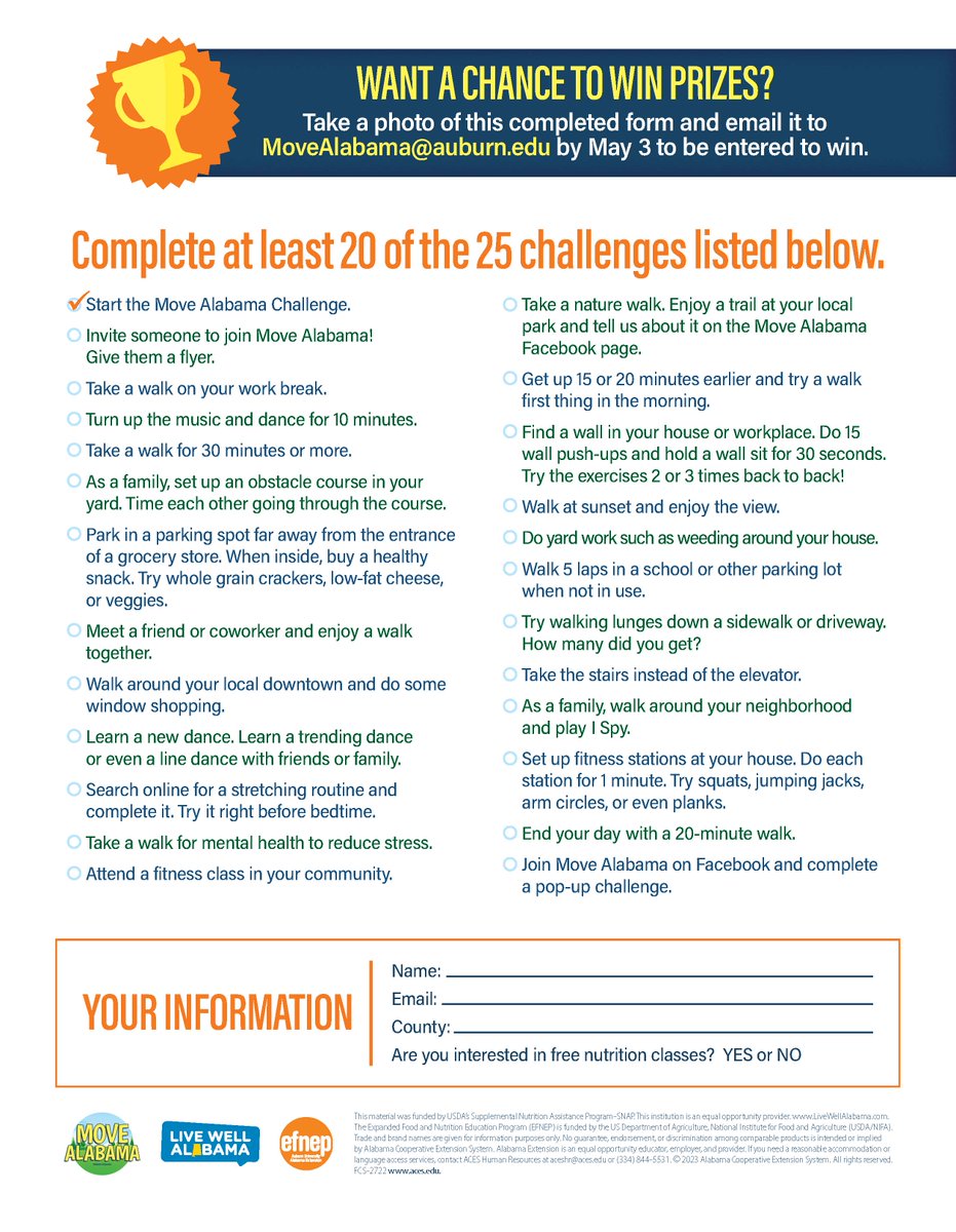 LiveWellAlabama's tweet photo. Move Alabama Challenge flyers are being distributed by participating AL County Extension Offices statewide! You can also download a flyer on our Move Alabama Facebook page.
The challenge begins March 1, let’s get moving, Alabama! #movealabama #movemore https://t.co/vnvYi1cMrD