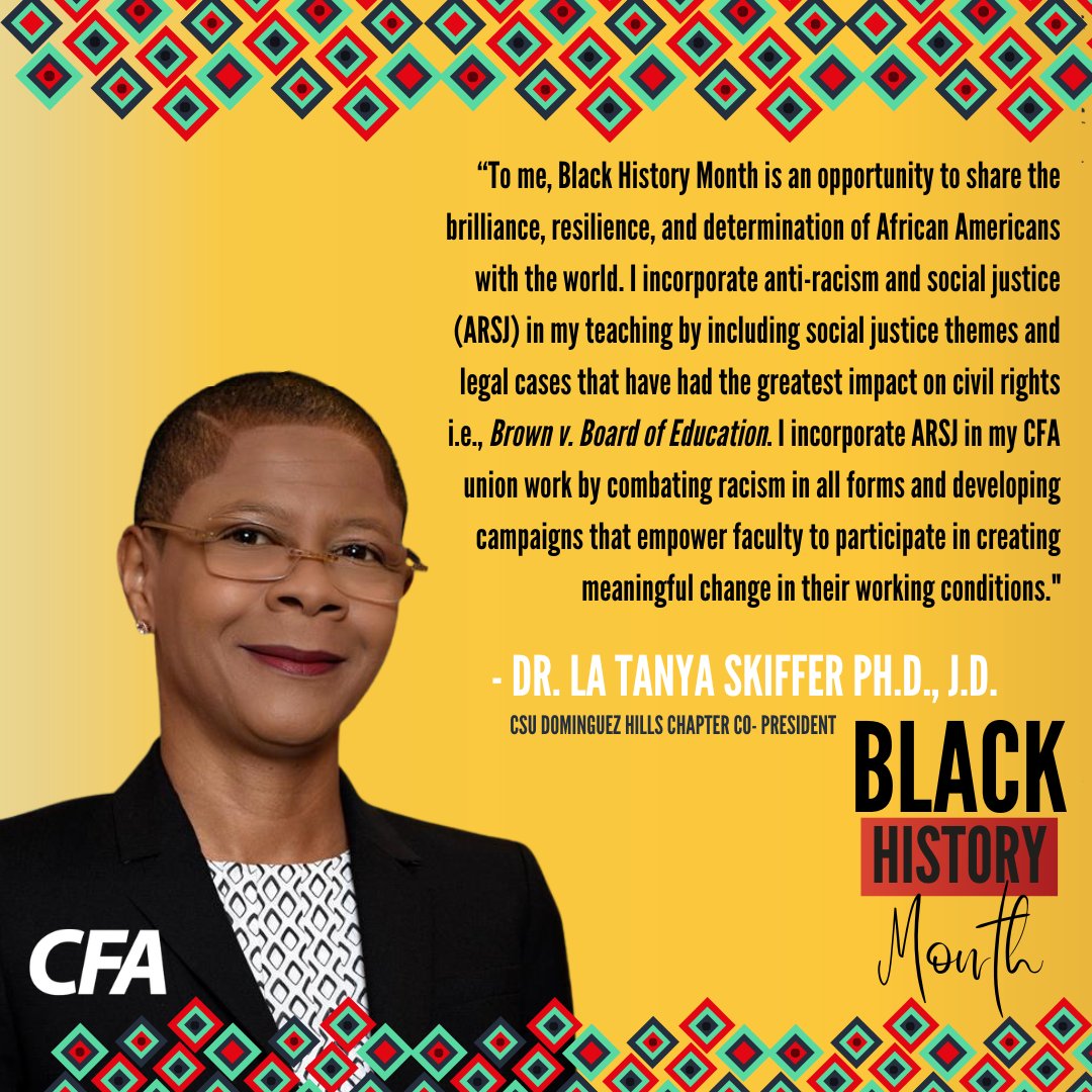 CFA_United's tweet photo. CFA Dominguez Hills Co-President La Tanya Skiffer shares her dedication to anti-racism and social justice in the classroom and in her union activism! #1u #CFAMember #CFABHM https://t.co/Gi0WAsrVTo