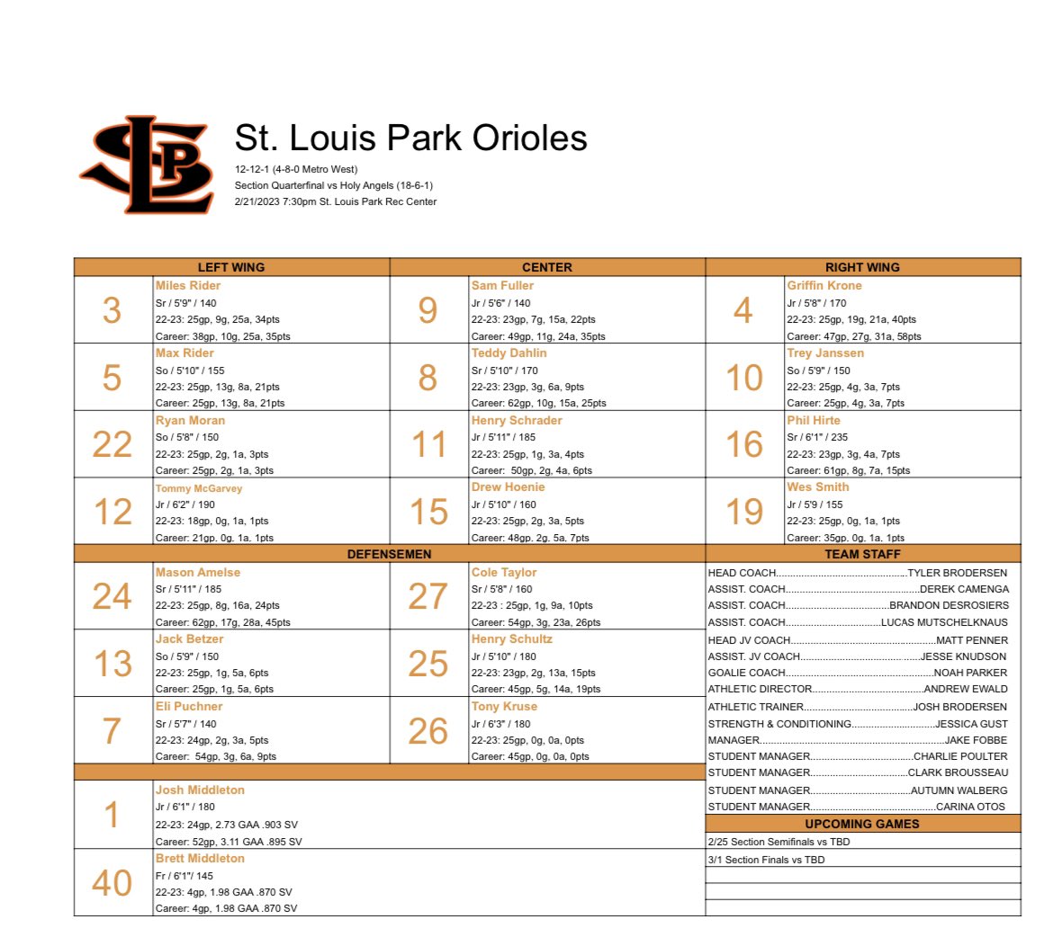 OriolesHSHockey's tweet photo. Here’s how we’ll line up tonight for Section game #1. Puck drop is 7:30pm #packtherec https://t.co/zHnCMA4TGL