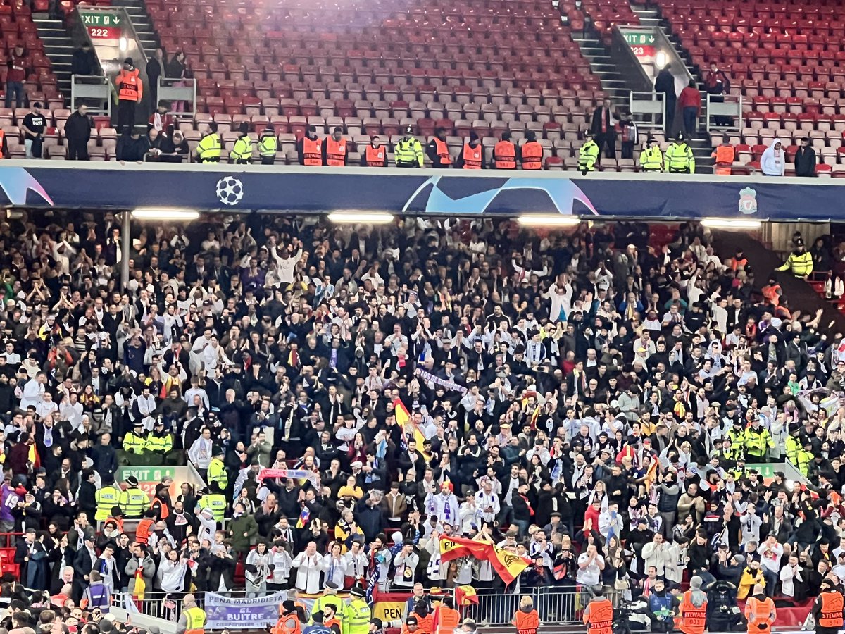 Real Madrid fans chant ‘Liverpool, Liverpool’ as a show of respect after the home fans applauded Real off the pitch.
