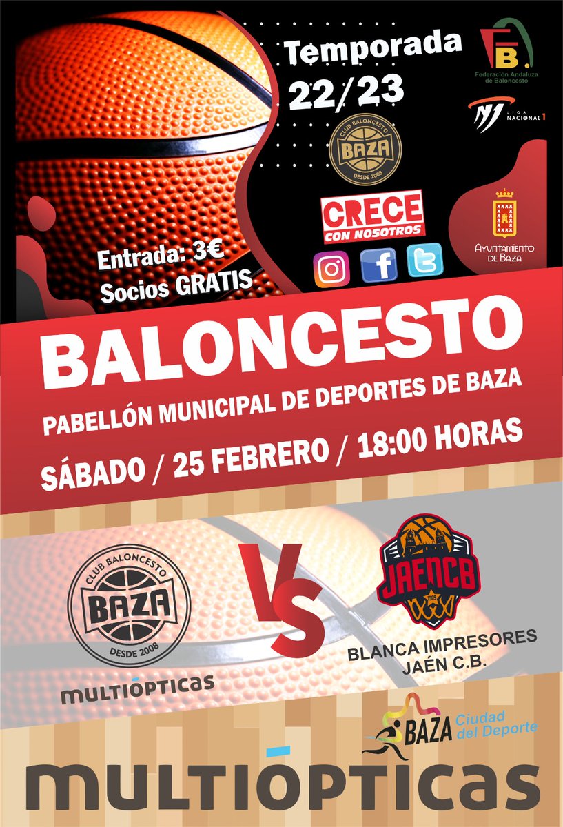 Este sábado tenemos partidazo  recibiendo a <a href="/jaen_cb/">Jaén Club Baloncesto</a> 5° clasificado.
A las 18 horas
Pabellón Municipal 

🏀OS ESPERAMOS🏀
<a href="/ViverosZuaime/">Centro de jardinería Zuaime</a> <a href="/grupodentia/">grupodentia</a> <a href="/AytoBaza/">Ayuntamiento de Baza</a> <a href="/bazaaldia/">Baza al Día</a> <a href="/mo_multiopticas/">Multiópticas</a> <a href="/DoceTVBaza/">Doce TV Baza</a> <a href="/bibliobaza/">Biblioteca de Baza José Becerril Madueño</a>