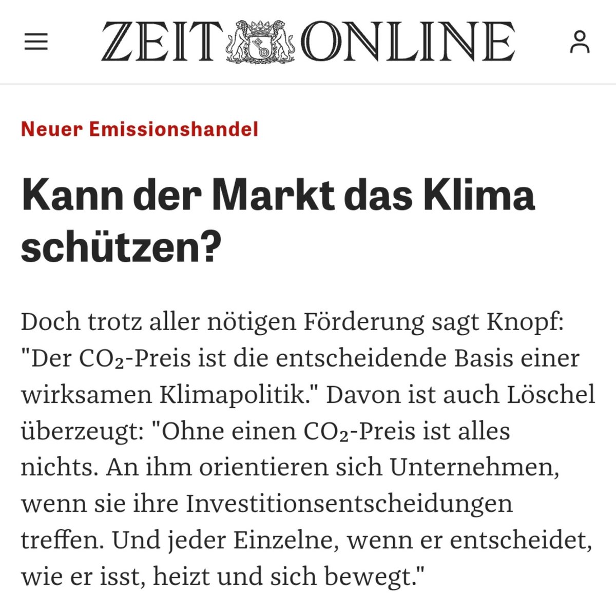 Kann der Markt das Klima schützen?
Und wie! Denn "Ohne CO2 Preis ist alles nichts". @alexandraendres hat mich für <a href="/zeitonline/">DIE ZEIT</a> zum Emissionshandel befragt. zeit.de/wissen/umwelt/…
