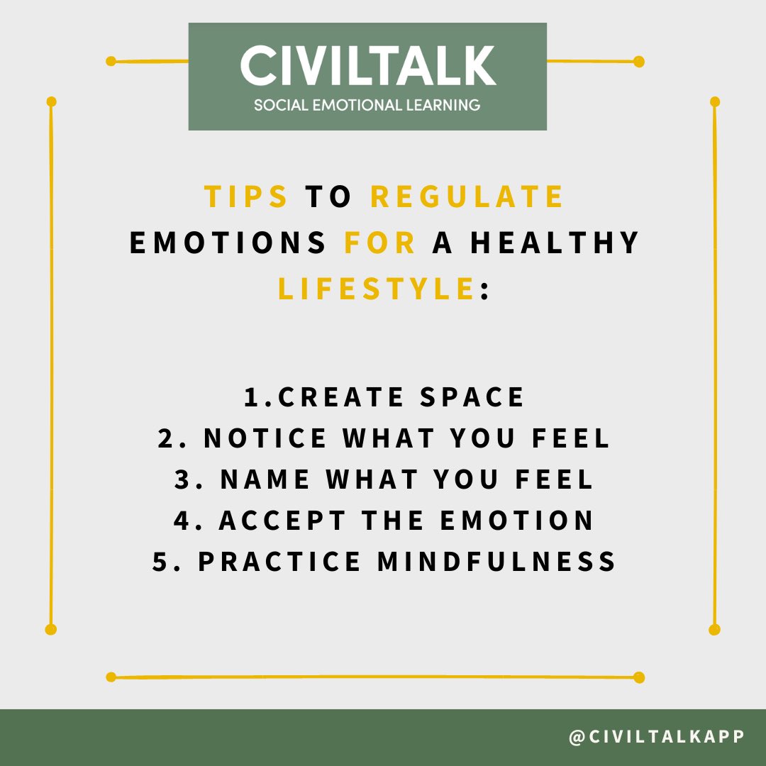 CivilTalkapp's tweet photo. Although SEL is it’s own practice, we would be remiss in saying emotional regulation is crucial to have a positive experience. We have a few tips attached below, &amp; a more extensive overview of how you can accomplish each step on our IG page @civiltalkapp. Make sure to follow! https://t.co/FnXkUZOsx2