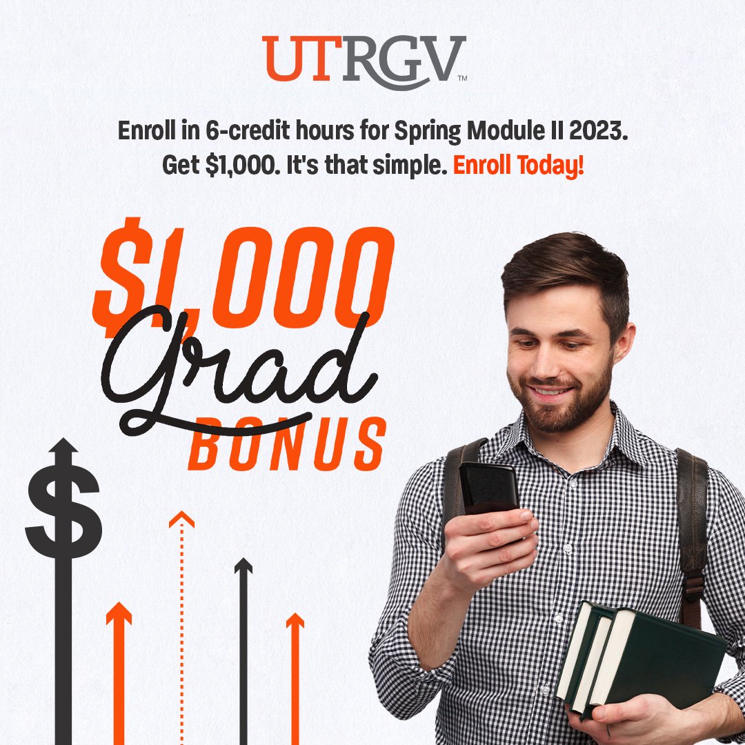Last chance to take advantage of the $1,000 Grad Bonus! The application deadline for Spring Module II is Wednesday, Feb. 22nd ✌️ Apply today at utrgv.edu/gradapply