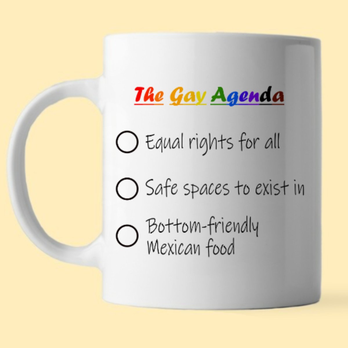 #NewProductAlert Now available on Etsy! The Gay Agenda is published...

#gayagenda #gayetsy #queer #queerbusiness #queeretsy #gay #smallbusiness #birmingham #localbusiness #supportsmallbusiness #mug #giftidea