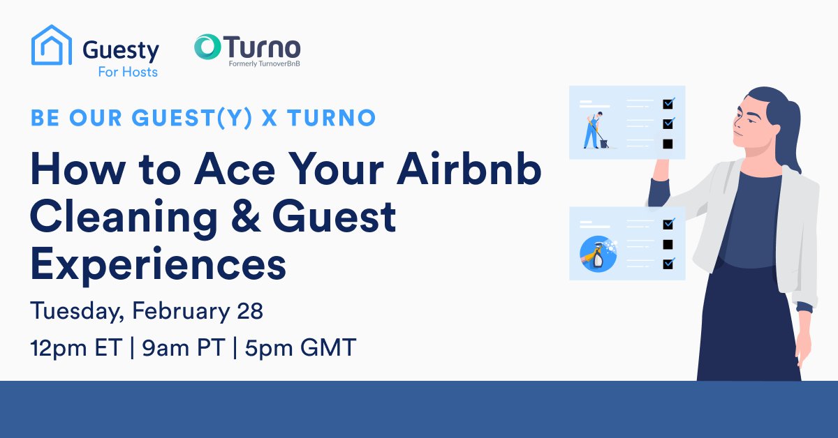 FREE #GuestyForHosts #virtualevent! 👇

🗓: Tues, 2/28 | 12pm ET · 9am PT · 5pm GMT

Michael O'Connell, Head of Partnerships at @theturnoapp will join us to share tips on how to simplify &amp; automate #cleaningmanagement for your #shorttermrental. 

👉 RSVP! start.guesty.com/turnowebinar