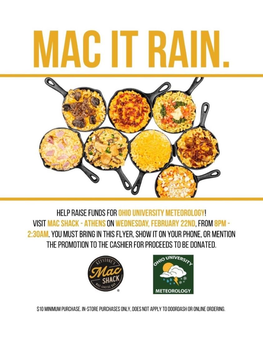 OUCAMS's tweet photo. OUCAMS is hosting a fundraiser TOMORROW, Wednesday, February 22nd from 8pm-2:30am at the Mac Shack in Athens! Make sure to mention the promotion to the cashier or show them this flyer on your phone, otherwise your order will not count! Hope you can make it!!! https://t.co/BChwBkk2DH