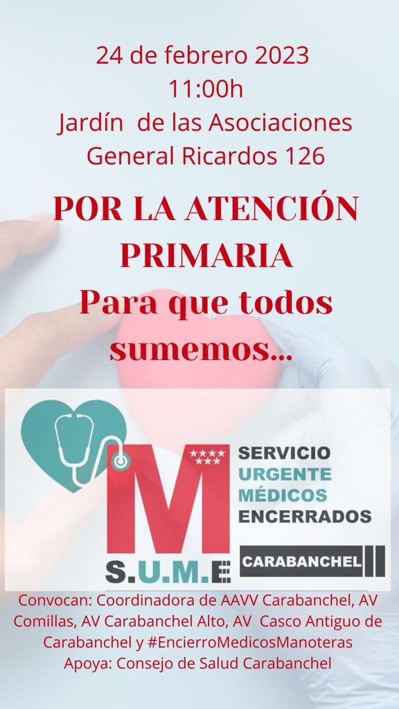 Ya está aquí, uno de los barrios más importantes de Europa! #SUME Carabanchel se presenta este viernes, con el apoyo de <a href="/AvComillas/">A.V Barrio Comillas (Madrid)</a>, <a href="/AVCarabanchel/">AV Casco Antiguo Carabanchel Bajo</a> <a href="/aavvcarabanchel/">AV Carabanchel Alto</a>, Coordinadora de AAVV Carabanchel y Consejo de Salud de Carabanchel. TODO #Carabanchel unido por la #SanidadPublica