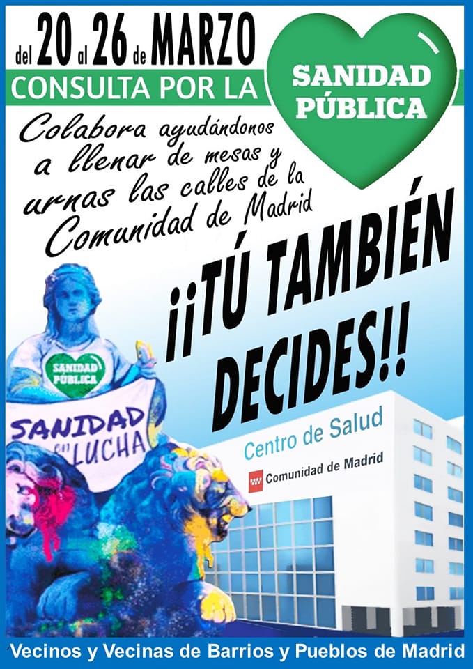 Hemos conseguido , petar Madrid con las mega manifestaciones del 13 de Noviembre y 12 de Febrero, ahora tenemos que salir a votar en la CONSULTA por la #SanidadPública , será en toda la C.A.M. del 20 al 26 de Marzo.
Nos jugamos mucho no te quedes en casa #YoVotoSanidadPública