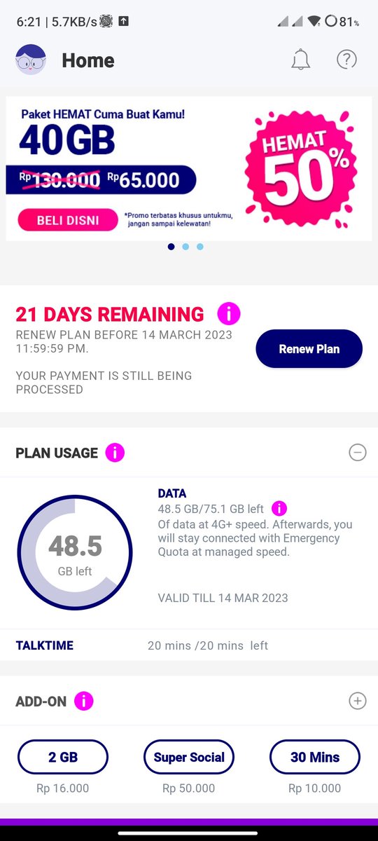 Min @liveondatapower , mohon penjelasannya ya. Saya isi pake 80rb (25gb), knp di plan usage tertulis 75.1GB ya? Dan sdh ada notif kuota terpakai 90%. Ditunggu penjelasannya min.