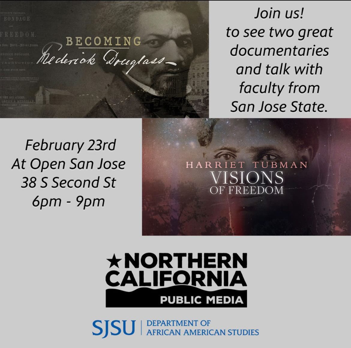 Join the AFAM Department this Thursday at 6pm! We will be watching documentaries about 2 amazing heroes that helped Black Americans fight for their freedom and rights!
#SJSU #Blackstudies #BlackHistoryMonth