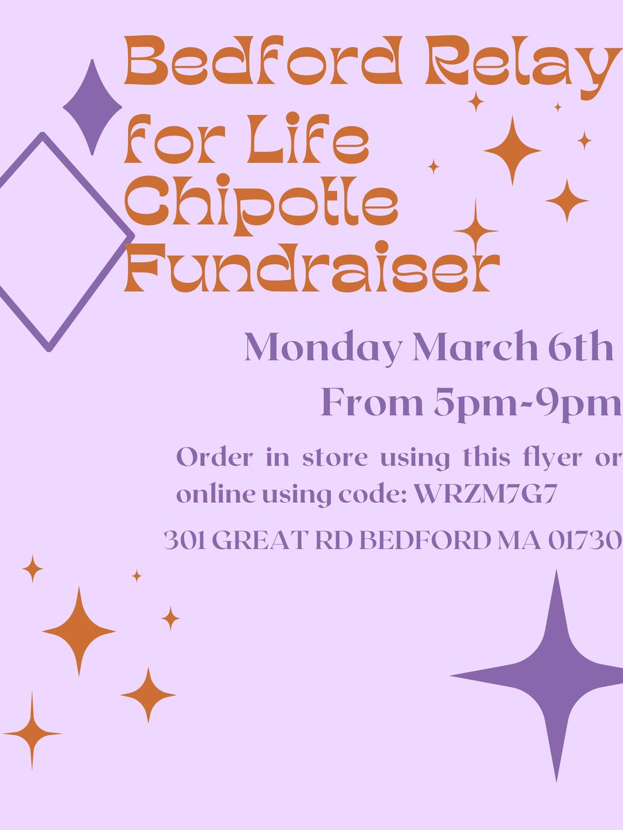 BedfordRelay's tweet photo. come to chipotle on March 6th from 5pm-9pm to get some good food for a good cause. https://t.co/4cRRnc3DIg