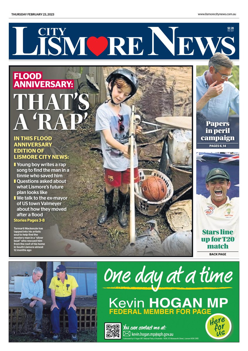 In this Thursday's Lismore City News:
# A boy has written a rap song to help find the mystery man in a tinnie who rescued him last year
# We talk to the former mayor of US town moved after a flood
# A US professor who has studied flood disasters cautions against 'quick fixes'