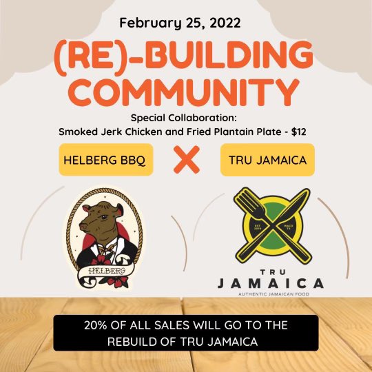 This Saturday, 20% of all restaurant sales will be donated to the <a href="/trujamaica/">trujamaica</a> rebuild effort. Come out with your family and eat some smoked jerk chicken, plantains, and plenty of bbq. It’s gonna be a great time!