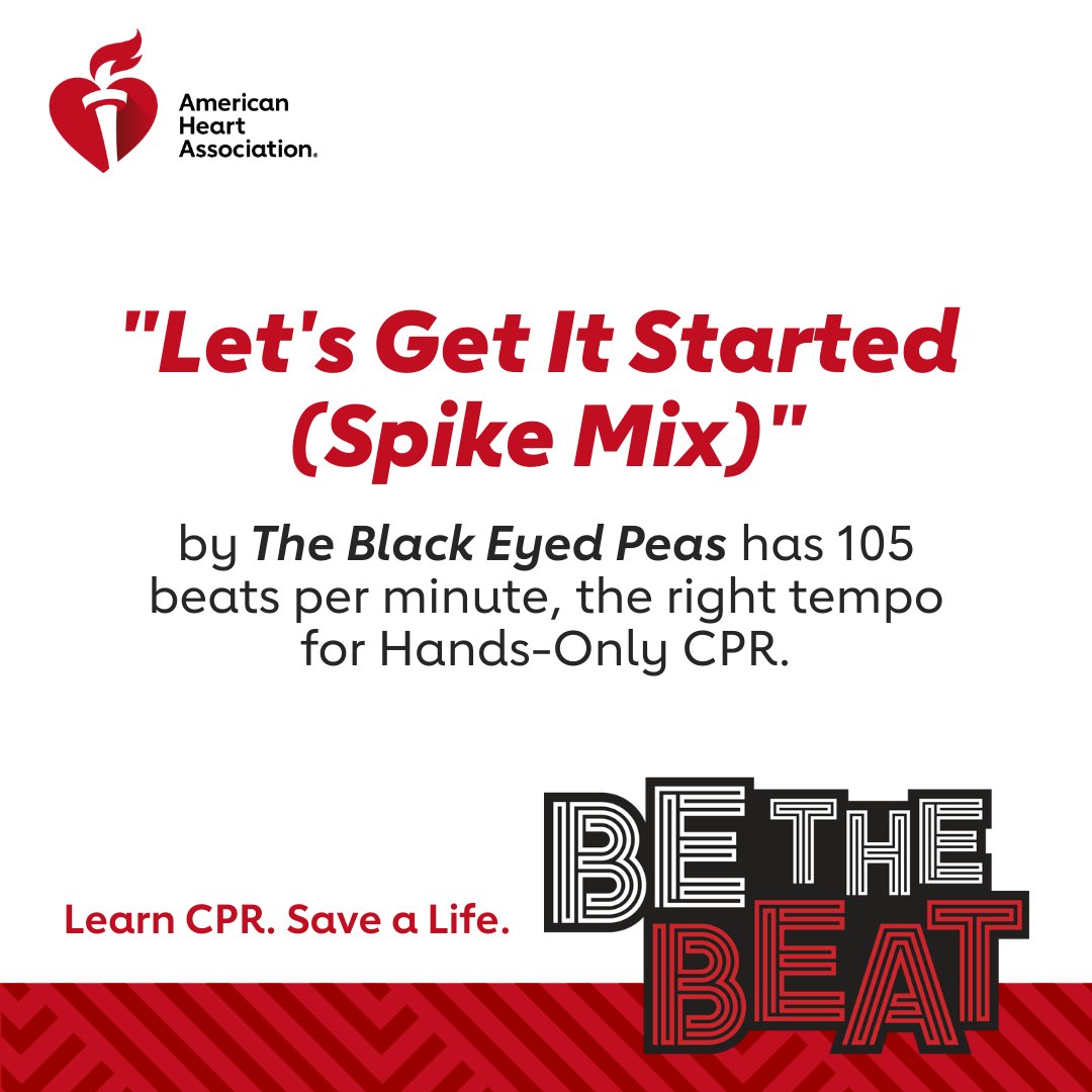 When a heart stops, you can get it started with Hands-Only CPR. It has just 2 steps:
👉 Call 911
👉 Push hard &amp; fast in the center of the chest to the beat of "Let's Get It Started (Spike Mix)." 

#CPRWithHeart <a href="/bep/">Black Eyed Peas</a> <a href="/Fergie/">Fergie</a>