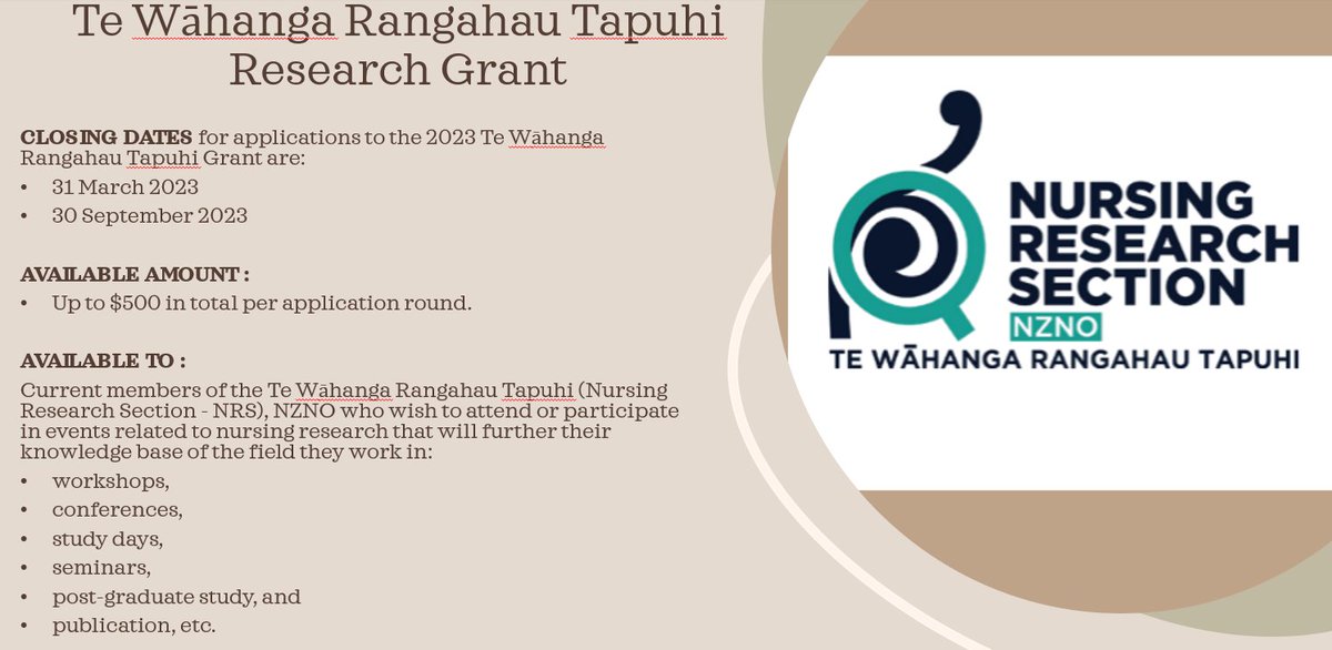 We are Inviting applications for GRANTS closing 31 March 2023! Up to $500 in total is available to current members of the Te Wāhanga Rangahau Tapuhi (Nursing Research Section - NRS), NZNO. See details below.