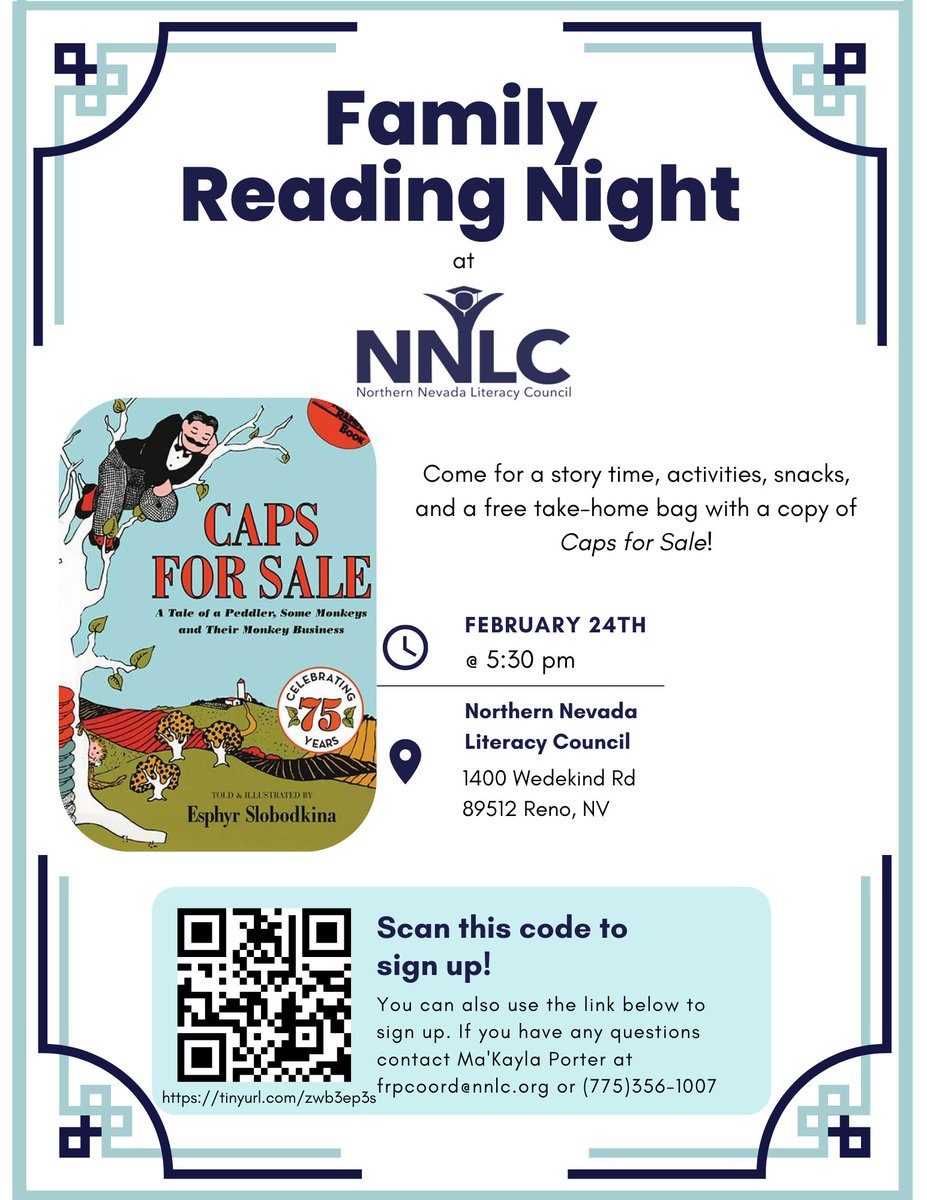the_NNLC's tweet photo. Hello everyone! This Friday, 2/24, at 5:30 pm NNLC will be having Family Reading Night. We will read Caps for Sale, do an activity, and have snacks.  To sign up, scan the qr code on the flyer or follow the link: https://t.co/taNDk20ttd https://t.co/34tcrIXc1E