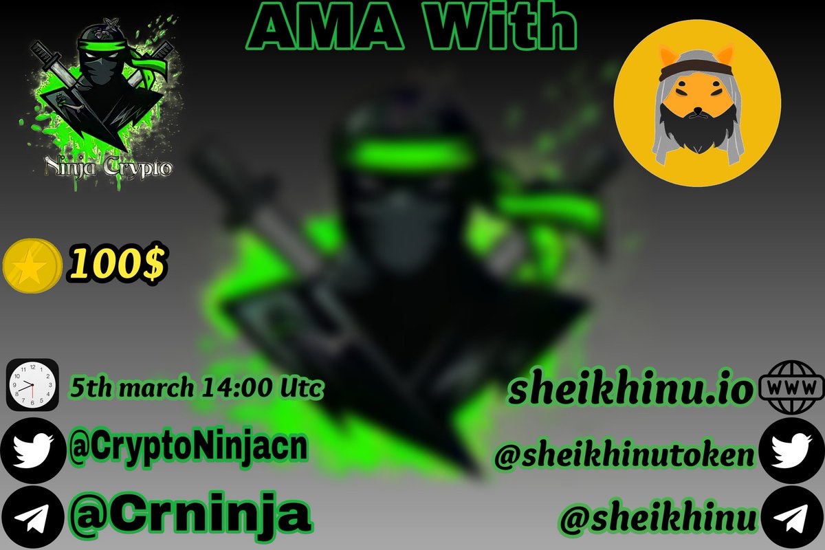 CryptoNinjacn's tweet photo. We Are pleased to announce about our #TEXT_AMA , with @SheikhInuToken In 5th mar at 14:00 PM UTC
Rewards: 100$ Busd
Rules:
✅ RT
✅ Like
✅Follow
 @SheikhInuToken &amp; @CryptoNinjacn
✅ Tag 3 friends&amp; ask a questions about sheikhinu.
Details: https://t.co/PmkAVlLa0h https://t.co/tgVU9ZWKa0