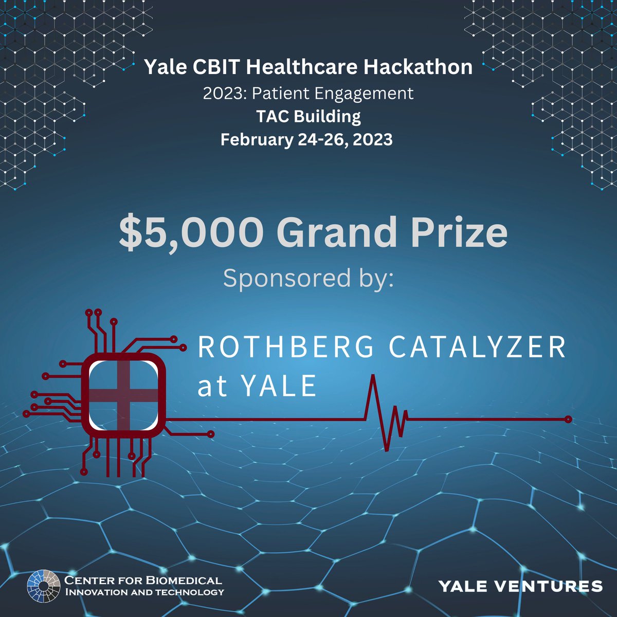 Yale Healthcare Hackathon UPDATE: This weekend's event will be supported by a NEW 💥 $5000 grand prize💥 awarded to one outstanding team of innovators, sponsored by #RothbergCatalyzer at Yale! ventures.yale.edu/events/yale-cb…

#YaleCBIT #Yaleventures #rothbergcatalyzer @yalehackhealth