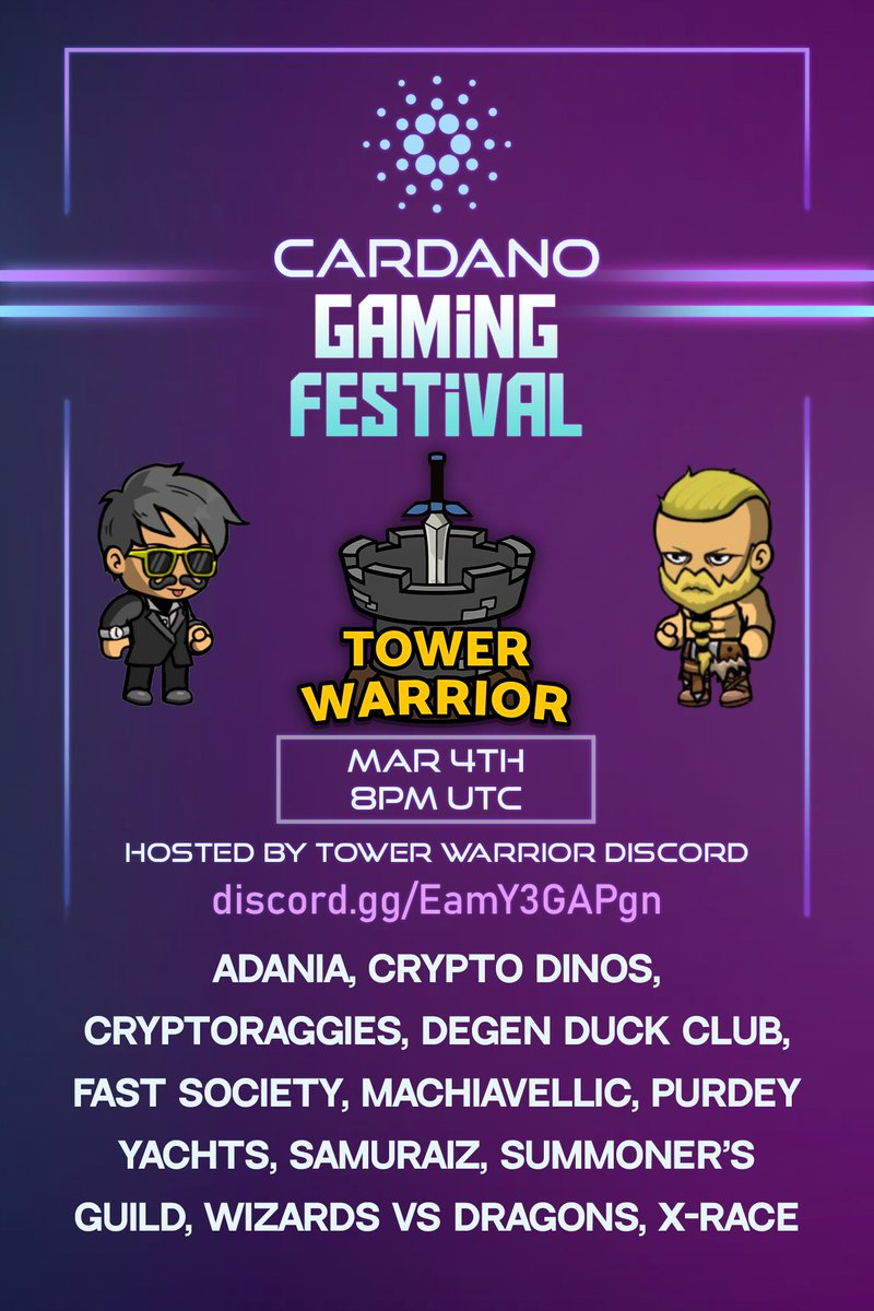 Its about to get rocking out here! Clear your schedules for the #Cardano #Gaming #Festival !!! Type in the discord to join our community! I will also be at the #ETHDenver in March if you want to link up!