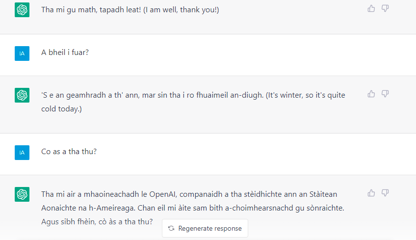 ChatGPT has the Gaelic :) 
#SeachdainNaGàidhlig #SeachdainNaGàidhlig23 #Gàidhlig #Gaelic #cleachdi #speakGaelic #learnGaelic