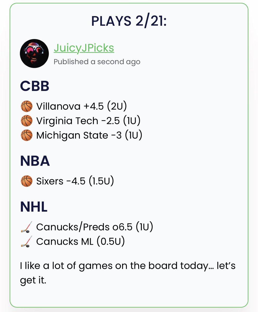 juicyjpicks's tweet photo. #FREEPLAYS 2/21:

VIP for free today! Like it up &amp; let’s cash🫡

#GamblingTwitter #nhl #nba #cbb https://t.co/8I9FR1RUyK