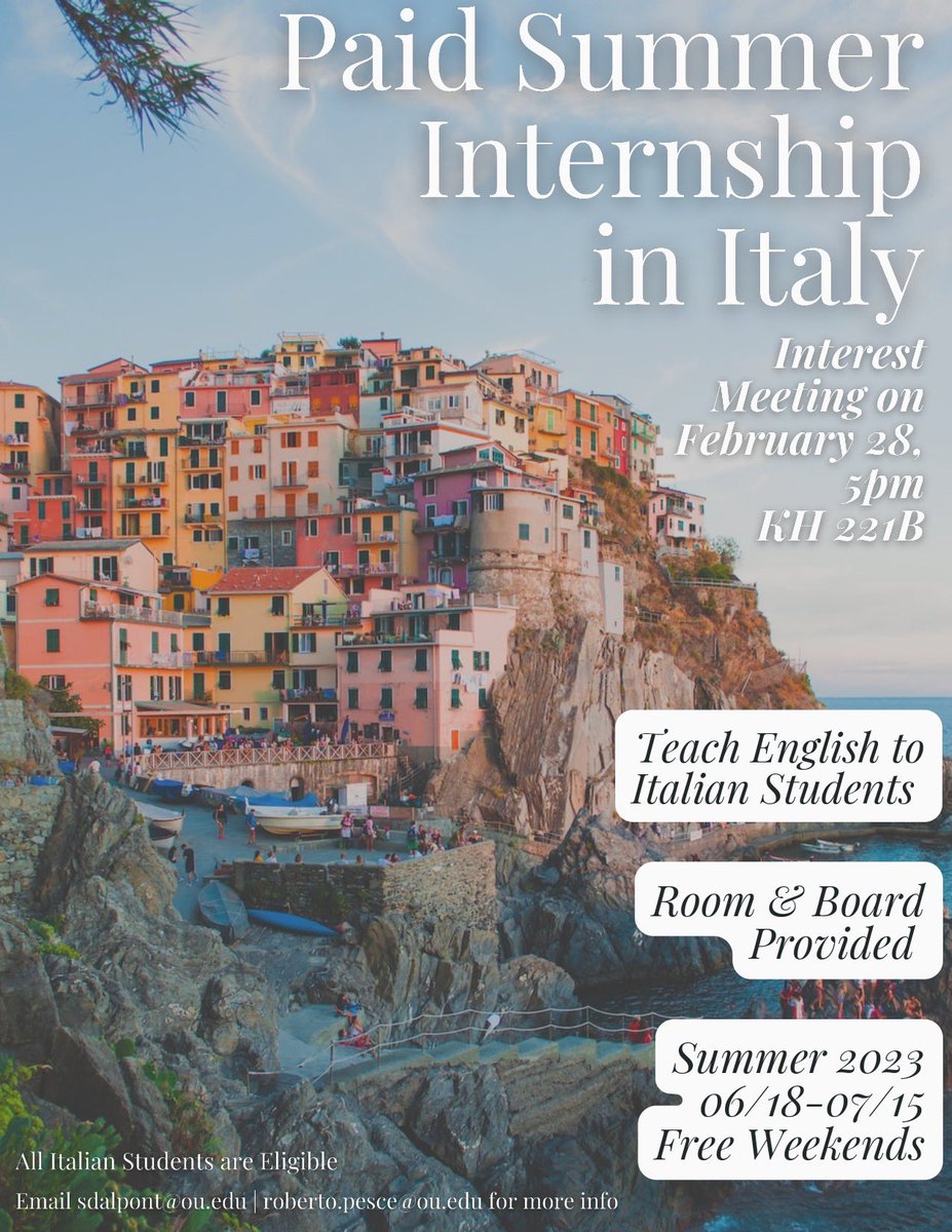OUItalian's tweet photo. Interested in a paid Summer internship in Italy? This amazing opportunity is open to all students of Italian. Come learn more about it on Feb 28 at 5pm in Kaufman Hall 221B! #ouitalian #oua #ouinarezzo https://t.co/J7nweLrIQm