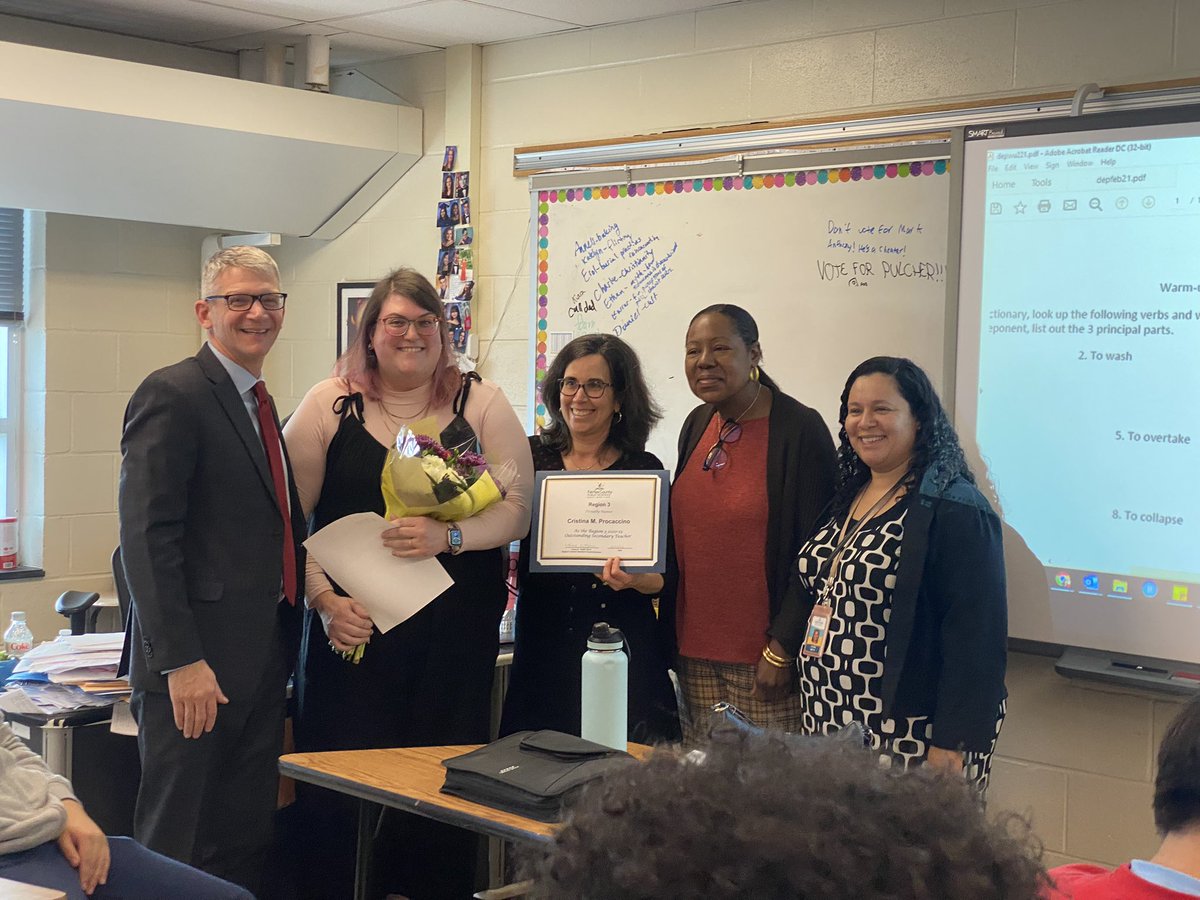 EdisonHSEagles's tweet photo. Congratulations Cristina Procaccino, Region 3 Secondary Teacher of the Year. Thank you for all that you do for our students and for leading our teachers as well. #EaglePride @FCPSR3 @graceetayloredd @monica_bentley1 @CaitlynSaxton @edisonss1ap @MsMBStarkey https://t.co/oFN4IGy17E