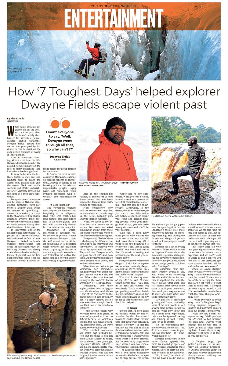 InqEnt's tweet photo. How β7 Toughest Daysβ helped explorer Dwayne Fields escape violent past
https://t.co/FhzHAZmg3j
@InqEnt @DwayneFields #dwaynefields #7toughestdays #docuseries #tvseries #extremeadventure #documentary #oman #gabon #kyrgyzstan #entertainment @NatGeo @NatGeoTV #disney @DisneyPlus https://t.co/339V8PiWOL
