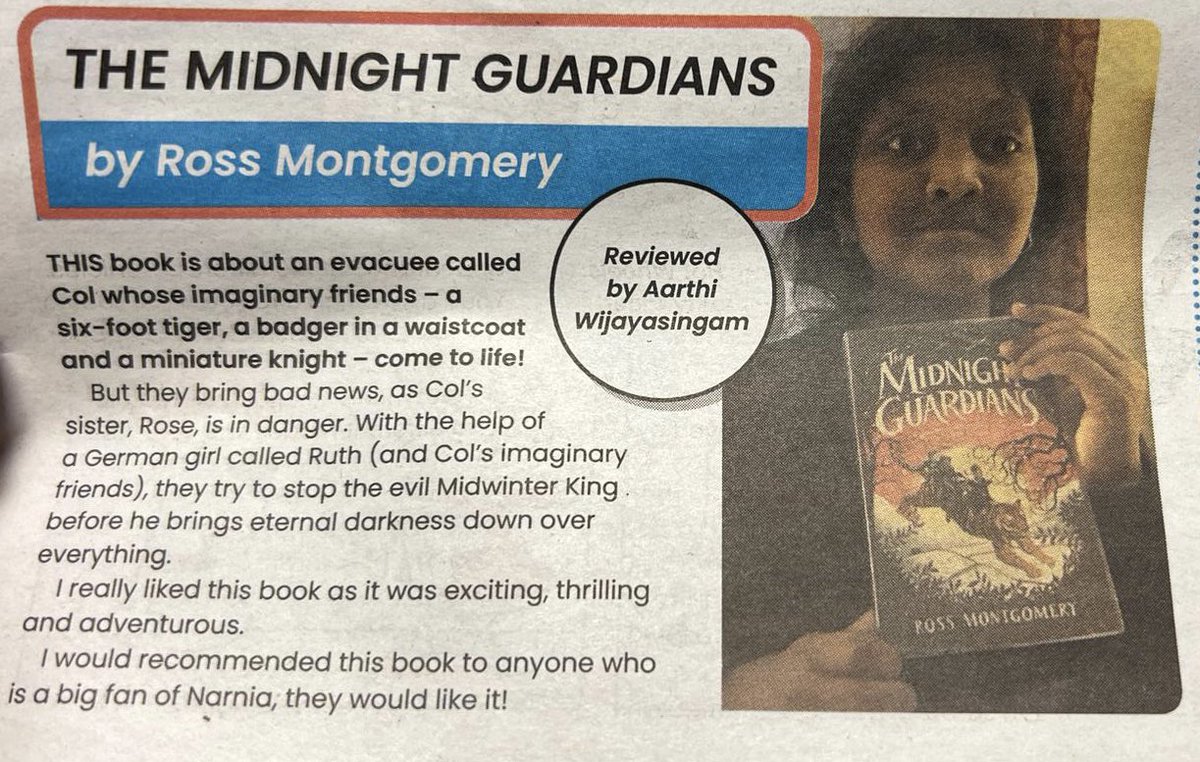 We were so thrilled to see ex-pupil Aarthi in <a href="/First_News/">First News 🗞️❤️💙</a> reviewing The Midnight Guardians by <a href="/mossmontmomery/">Ross Montgomery</a>. She was an incredible reader at CPF and we are so proud that she has continued her love of reading. <a href="/LEOenglish0/">LEO English</a> <a href="/LEOacademies/">LEO Academy Trust</a>
