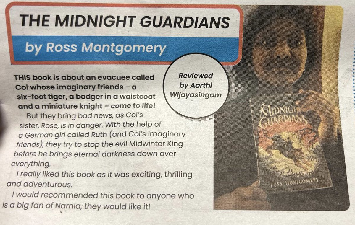 We were so thrilled to see ex-pupil Aarthi in @First_News reviewing The Midnight Guardians by @mossmontmomery. She was an incredible reader at CPF and we are so proud that she has continued her love of reading. @LEOenglish0 @LEOacademies