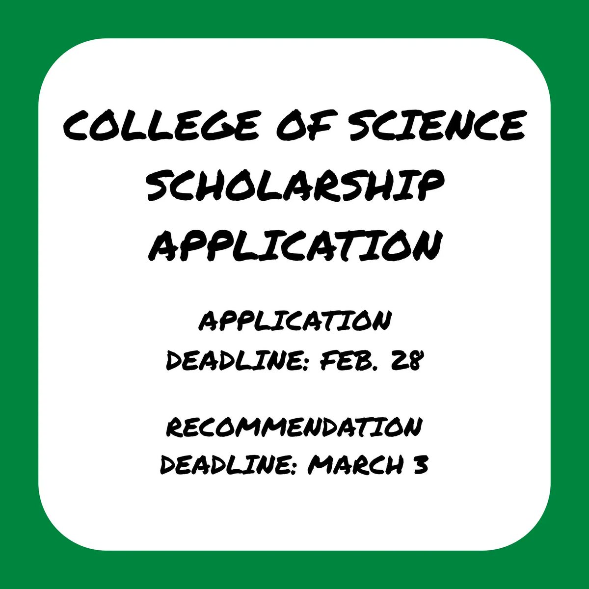 UntPhysics's tweet photo. Have you filled out the College of Science 2023-2024 Scholarship Application yet? No need to worry if you haven’t already, the deadline for applications is Feb. 28th at midnight and the deadline for letters of recommendation is March 3rd at midnight.
#UNT #UNTPhysics #UNTCOS https://t.co/lo9B9z5wrC