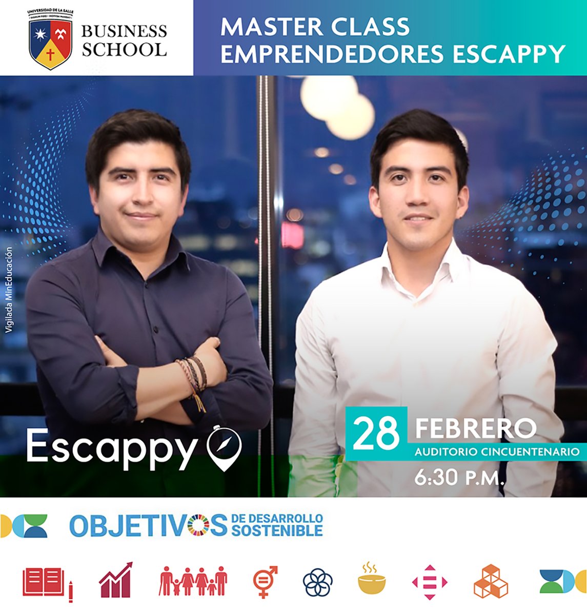 unisalle's tweet photo. La #EscuelaDeNegocios las y los invita a participar de la #MasterClass liderada por los emprendedores de #Escappy. Ellos nos contarán su experiencia en #SharkTank y cómo a través de esta solución innovadora y el uso de la tecnología están cambiando la forma de vivir el turismo. https://t.co/0cdbuH3n6V