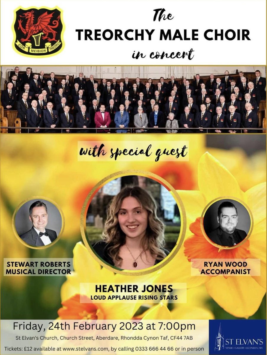 We have our first concert of the year this coming Friday in the splendid setting of <a href="/St_Elvans/">St Elvan's</a> Church, Aberdare. Guest soloist is the talented Heather Jones of <a href="/LoudApplProd/">Loud Applause</a> Rising Stars. Tickets still available. Follow the link on the poster below.