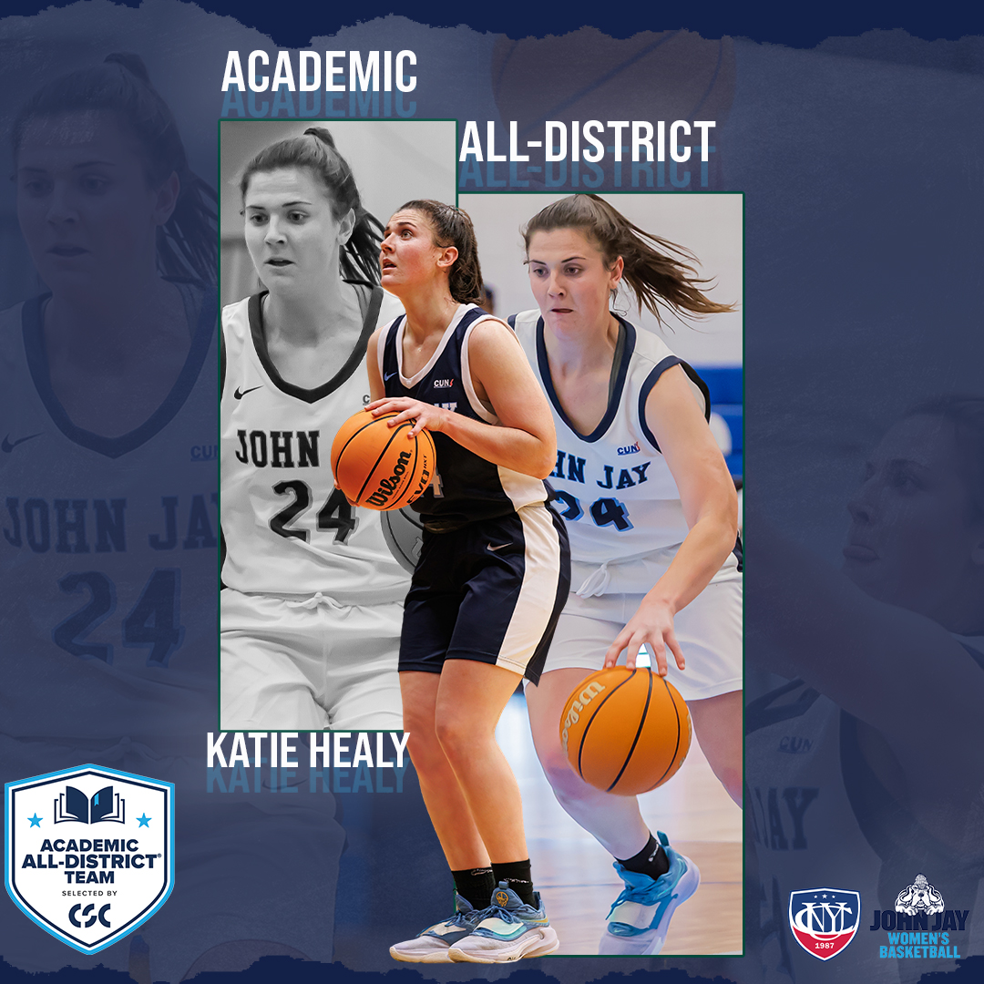 JJayAthletics's tweet photo. 📚🏆Congratulations to @JJCWBasketball senior Katie Healy, who was named to @CollSportsComm All-District Team

📘- 2x time All-District selection (soccer &amp; basketball) 
📘- Lone @CUNYAC honoree

#⃣ #GoBloodhounds #MyJohnJay #JohnJayCollege #CUNYAC #whyd3 #ncaadiii #d3hoops https://t.co/SxULGR7ang