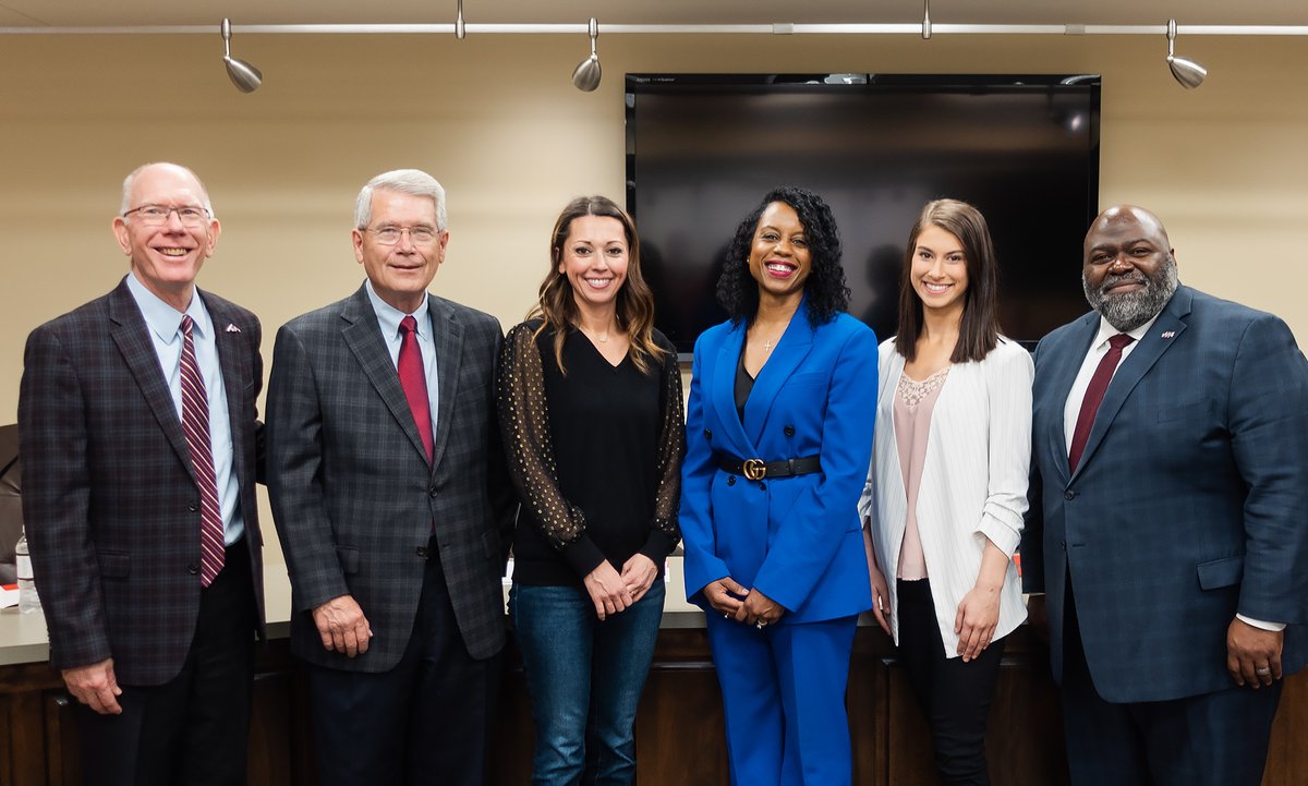 HSUAlumni's tweet photo. The HSU Board of Visitors gathered today for their inaugural meeting.  Welcome back to campus, Reddies!

Pictured are Chancellor Ambrose, William G. Wright ('70), Nikki Chandler ('13), Lena Hayes ('94), Jordan Jones (student representative), and Dr. Lloyd D. Jackson ('02, '06). https://t.co/H7SJqfv80e