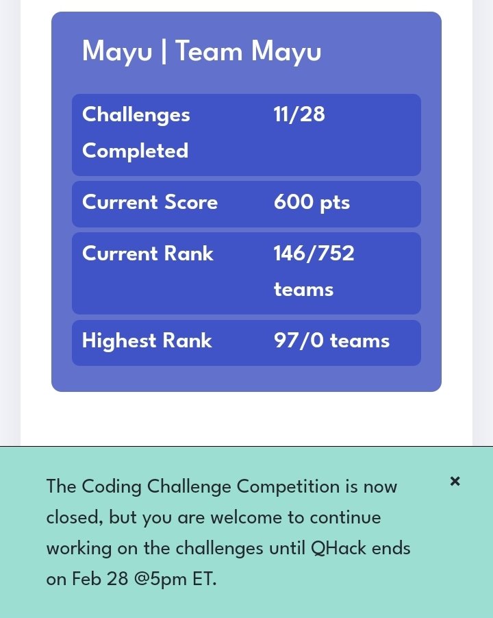 mayuutann's tweet image. あれ。CodingChallenges、時差があるから今日までやれると思ってたら寝てる間に終わってた。

あれ。寝る前は順位が148位だったのに何も解いてないのに2位上がってるのはなんでだ？

疲れていろいろ寝ぼけてた？ #QHack2023