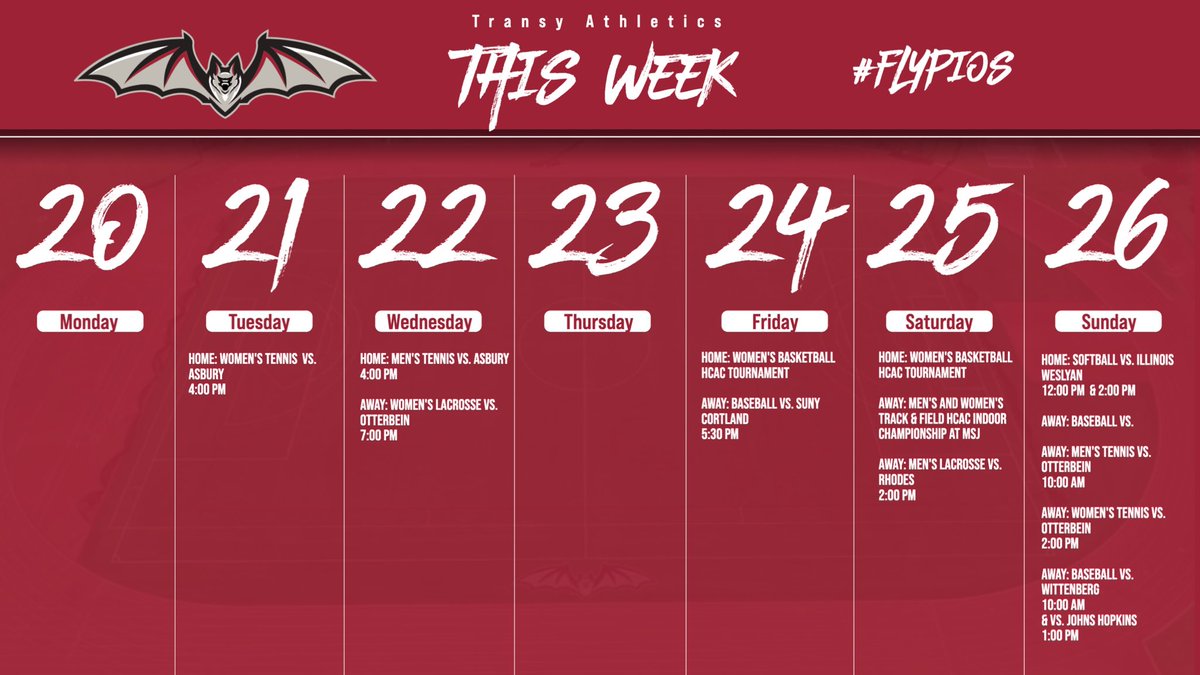 Big weekend for the Pios! HCAC Championships for @transyxctf &amp; @tuwbx, opening weekend for @transybaseball, and the home opener for @transy_softball! #flypios🦇