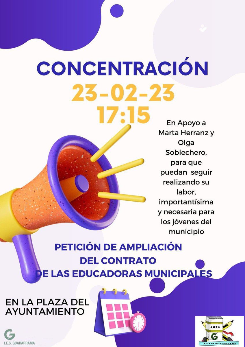 GuadarramaIes's tweet photo. 📆 Jueves 23-02-2023 a las 17:15

‼️Concentración en la Plaza del Ayuntamiento de @Ayto_Guadarrama 

🛑 Petición de ampliación del contrato de las educadoras municipales. https://t.co/gY7chchpie