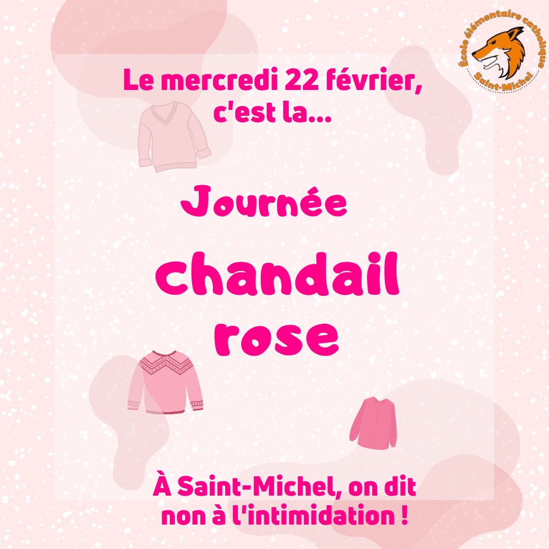 Le mercredi 22 février 2023, on porte un chandail rose (avec le bas habituel de l'uniforme) ! #chandailrose #nonaalintimidation #onditnonalintimidation #intimidation #jourchandailrose #sensibilisation #preevention #onportedurose