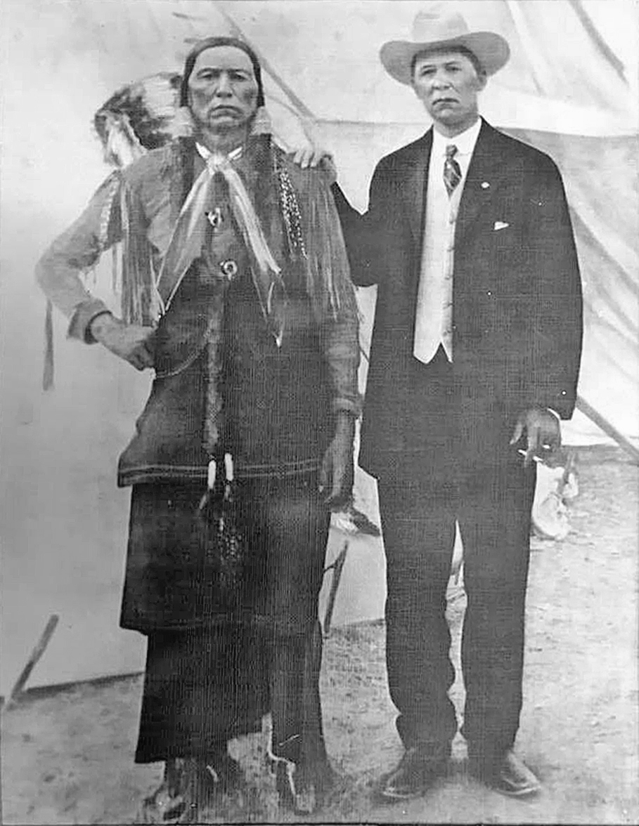 Comanche leader Quanah Parker and his friend Burk Burnett, legendary cowman and founder of the famed 6666 Ranch.  Burnett was also, of course, the namesake of Burkburnett, Texas. Burnett's friend Teddy Roosevelt suggested the name for the town because it was situated on Burnett's